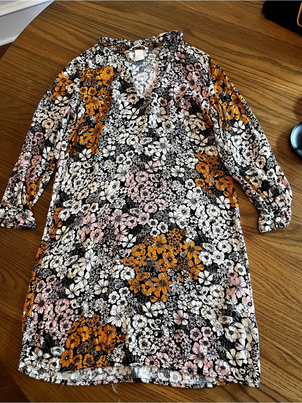 H&M Black Floral Tunic Dress with Mustard and Pink Accents